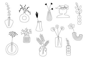 Set of stylized hand drawn flowers in a vases on a white background. Coloring vector