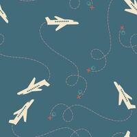 seamless pattern with airplanes and flight path. Background with aeroplane, plane vector