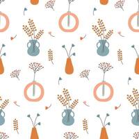 Seamless background with hand-drawn vases and flowers. Boho Pattern vector