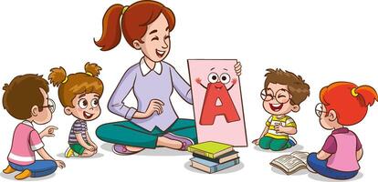 cute little kids sitting on the floor and studying the alphabet with their teacher vector