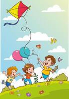 little kids playing with his friend in nature and feeling happy.kids flying kites.play time. vector