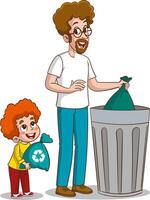 Cartoon father and child throwing garbage into the trash can Vector illustration.