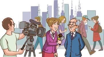 vector illustration of journalist doing street interview