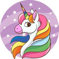 Unicorn head with rainbow mane, cute cartoon style drawing, vector illustration