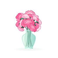 Bouquet of carnations. Flowers in vase. isolated vector illustration on white background. Modern art for poster, postcard, banner, card and etc. Vector clip art. Women's Day, Mother's Day.