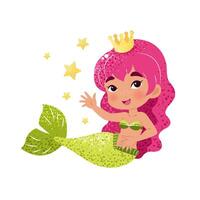 linda dibujos animados pequeño sirena. vector ilustración en plano estilo. gráfico diseño para niños, fondos de pantalla, carteles, saludo tarjetas, huellas dactilares. mágico criatura.