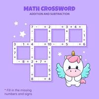 Math Crossword puzzle for kids. Addition and subtraction. Counting up to 10. Game for children. Vector illustration. Colorful crossword with cartoon unicorn. Task, education material for kids.
