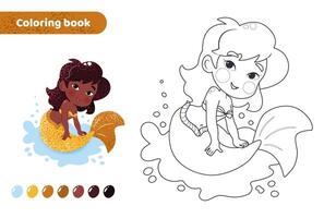 Coloring book for kids. Worksheet for drawing with cartoon mermaid. Cute magical creature with tail. Coloring page with color palette for children. Vector illustration.