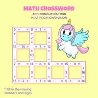 Math Crossword puzzle for children. Addition, subtraction, multiplication and division. Counting up to 20. Vector illustration. Game with cartoon cute unicorn. Task, education material for kids.