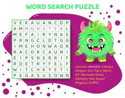 Word search puzzle with mythical animals. Magical creatures. Education game for children. Learning English language. Cartoon spelling puzzle. Test for kids. Crossword page. Vector illustration.