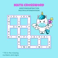 Math Crossword puzzle for children. Addition, subtraction, multiplication and division. Counting up to 20. Vector illustration. Game with cartoon cute unicorn. Task, education material for kids.