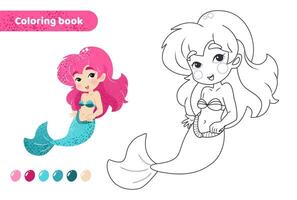 Coloring book for kids. Worksheet for drawing with cartoon mermaid. Cute magical creature with tail. Coloring page with color palette for children. Vector illustration.