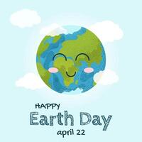 Happy Earth Day. Environmental protection. Poster in cartoon style with emoji planet Earth, clouds and slogan. Caring for Nature. Vector illustration for banner, social media post, celebration card.