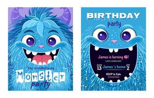 Monster party invitation set. Happy Birthday greeting cards. Festive postcards featuring a fluffy cartoon monster. Vector design with a cute creature for your celebration event. Layered template.