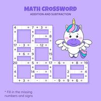 matemáticas crucigrama rompecabezas para niños. adición y sustracción. contando arriba a 20 juego para niños. vector ilustración. vistoso crucigrama con dibujos animados unicornio. tarea, educación material para niños.