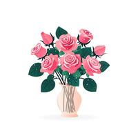 Bouquet of pink roses. Flowers in vase. isolated vector illustration on white background. Modern art for poster, postcard, banner, card and etc. Vector clip art. Women's Day, Mother's Day.