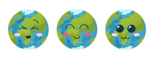 contento tierra día. conjunto de plano emoji planeta tierra. haz con mascota tierra íconos con caras. aislado vector ilustraciones en blanco antecedentes. dibujos animados vector acortar Arte con kawaii planeta.