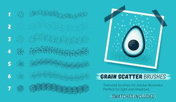 Grain scatter brushes. Set of abstract grunge brushes. Creative collection with noise effect, grunge texture, paint splash, halftone. Basic kit and brush strokes. Swatches included. Vector eps10.