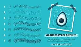 Grain scatter brushes. Set of abstract grunge brushes. Creative collection with noise effect, grunge texture, paint splash, halftone. Basic kit and brush strokes. Swatches included. Vector eps10.