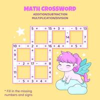 Math Crossword puzzle for children. Addition, subtraction, multiplication and division. Counting up to 20. Vector illustration. Game with cartoon cute pony. Task, education material for kids.