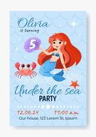 Birthday party invitation greeting card with cute mermaid and ocean creatures. Under the sea party for kids. Childish Vector template in flat cartoon style. isolated elements.