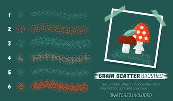 Grain scatter brushes. Set of abstract grunge brushes. Creative collection with noise effect, grunge texture, paint splash, halftone. Basic kit and brush strokes. Swatches included. Vector eps10.