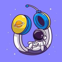 Cute Astronaut Sitting On Headphone In Space Cartoon Vector Icon Illustration. Science Technology Icon Concept Isolated Premium Vector. Flat Cartoon Style