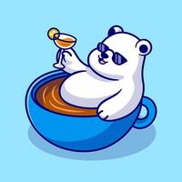 Cute Polar Bear Relax In Cup Coffee Cartoon Vector Icon Illustration. Animal Drink Icon Concept Isolated Premium Vector. Flat Cartoon Style