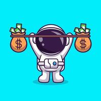 Cute Astronaut Lifting Money Bag Cartoon Vector Icon Illustration. Science Finance Icon Concept Isolated Premium Vector. Flat Cartoon Style