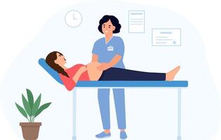 Partera examinando expectante madre y satisfecho con chequeo. ginecólogo, obstetra conmovedor barriga de embarazada paciente acostado en sofá. maternidad y cuidado de la salud concepto. vector ilustración