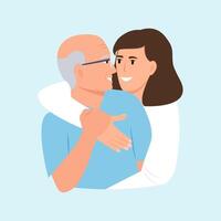 contento mujer abrazando antiguo padre.adulto hija gasto hora con abuelo. vector