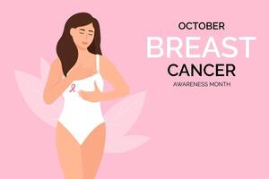 pecho cáncer conciencia mes. un rosado Insignia cinta en mujer cofre a apoyo pecho cáncer causa.vector ilustración vector