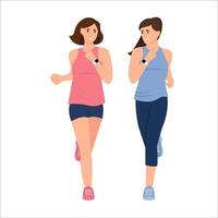 Smiling girlfriends in sportswear is running. Sport activity, healthy lifestyle. Vector illustration isolated on white background