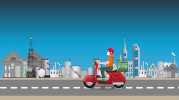 Online delivery service concept with delivery man ride scooter delivering parcel box. 2D Animation video