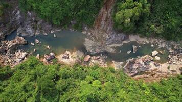 Aerial view of a serene river flowing through the lush, verdant landscape of the Annamite Range in Vietnam, showcasing natural beauty and tranquility video