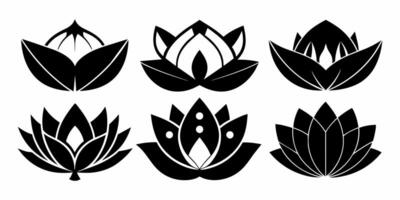 6 silhouette black lotus icons set on white background vector