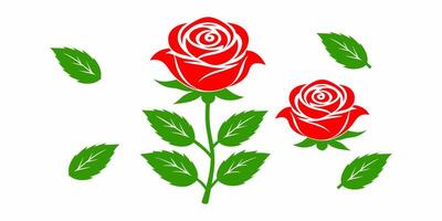 A red rose icon and leaves vector set isolated on white background