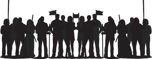 AI generated silhouette of a group of demonstrators carrying objects, wooden blocks, showing an action of defense. reject the decision, help others. on a white background vector