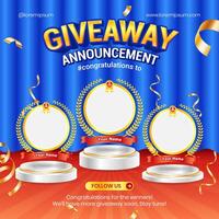 Giveaway winner announcement social media post banner template with 3d element vector