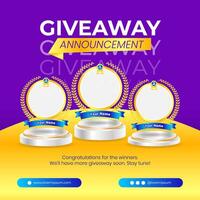 Giveaway winner announcement social media post banner template with 3d element vector