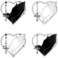 Vector design of Praying Hands with heart shaped rosary, rosary with christian cross, symbol of catholic religion