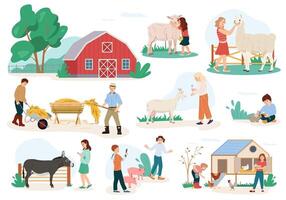 Collection illustrations of children visit contact zoo. Girls and boys feeding domestic animals in the farm. Little kids petting llama, rabbits, piglet and feed the poultry. Flat vector illustration