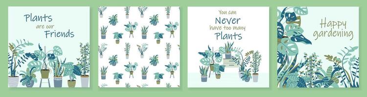 Beautiful set of cards with cute home plants in flowerpots. Set of different indoor houseplants in pots modern illustrations. Universal vector template design for banner, invitation, social media post