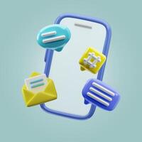 Glossy 3D social communication vector. Phone, email and speak bubbles. Communication, correspondence on a mobile phone. Stylize concept for conversation, dialogue, messenger or online support vector