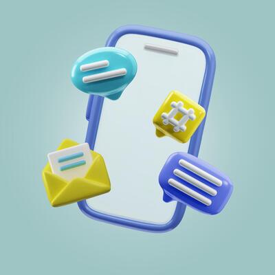Glossy 3D social communication vector. Phone, email and speak bubbles. Communication, correspondence on a mobile phone. Stylize concept for conversation, dialogue, messenger or online support