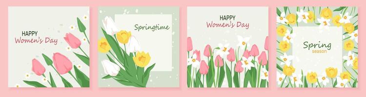 Beautiful set of cards with early spring garden flowers. Frame with blooming tulips and daffodils. Vector template design for banner, invitation, social media post. Spring time floral design elements