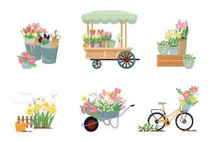 primavera flores composiciones conjunto aislado en blanco. flor carro, jardín carretilla, ciclista con ramos de flores vector ilustraciones son adecuado para saludo tarjetas, pegatinas, ropa huellas dactilares y cubre