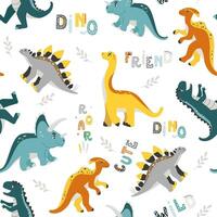 Vector colored seamless repeating children pattern with cute dinosaurs, plants and comic Dino quotes in Scandinavian style on a white background. Baby pattern with dinosaurs.