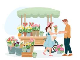 Cute girl sells early spring garden flowers in bouquets and pots to a guy at flower market cart. Floral design elements for women's day, Valentine's Day. Vector illustration style isolated on white