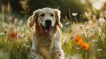 AI generated Golden Retriever Basks in Sunset Glow While Running Through Tall Green Grass photo